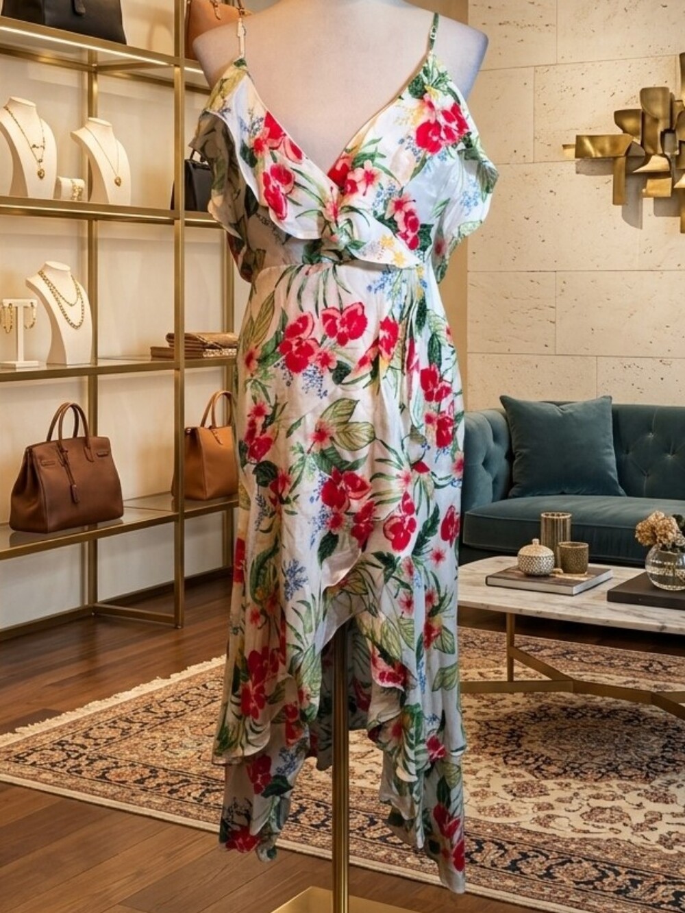 895 Bardot White Floral High-Low Midi Dress with Red & Green Print